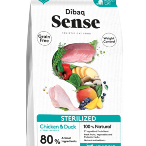 Zak Dibaq Sense Sterilized graanvrij kattenvoer 1,5 kg voor gesteriliseerde katten" "Droogvoerbrokjes Dibaq Sense Sterilized met kip en eend"